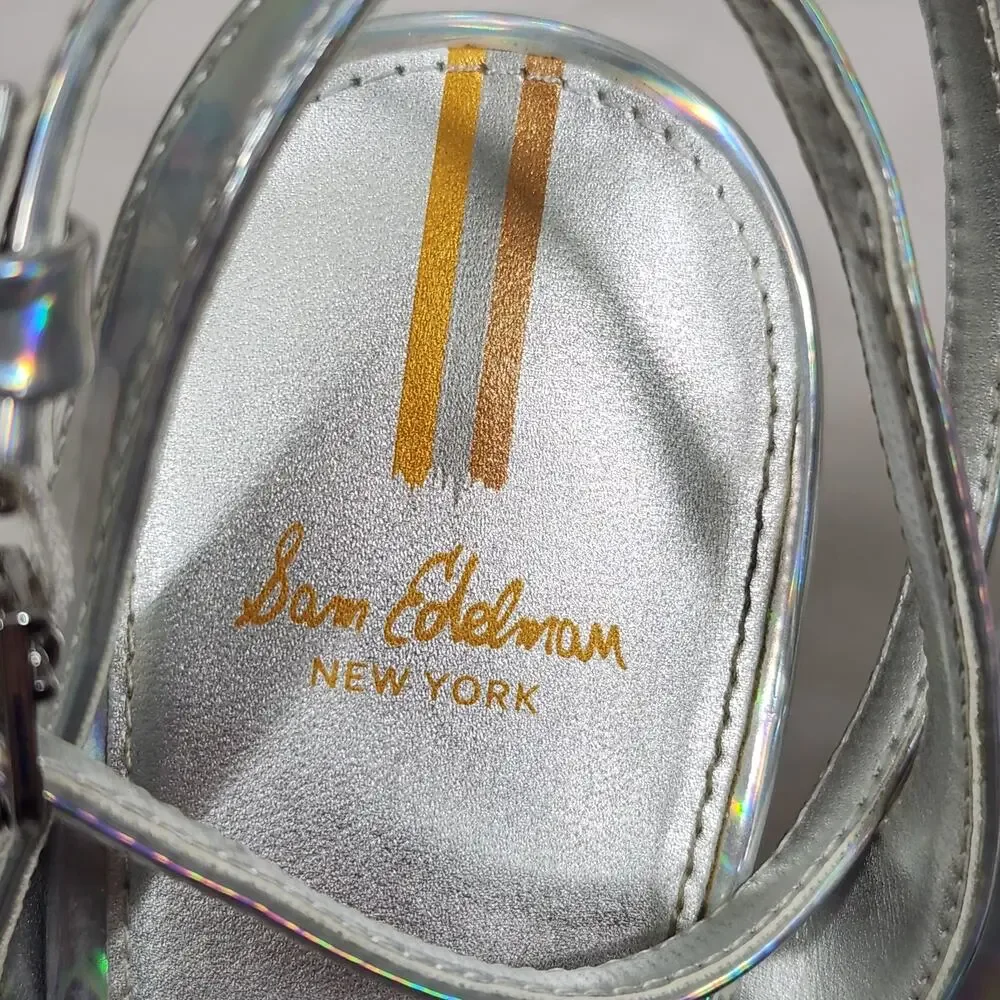 Sam Edelman Y2k Chunky Heels 8.5 Strappy Block Silver Holographic Prom Hoco